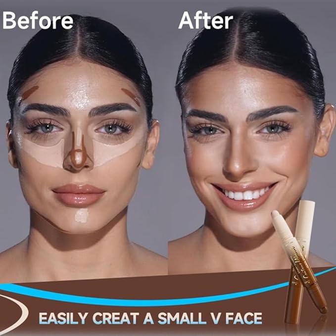 Contour Stick Makeup Set, 2 Dual-Ended Highlighter Makeup Pens & Face Shaping Contouring Sticks, Long-Lasting Waterproof Cream bronzer and Highlighter Sticks, Suitable for All Skin Tones