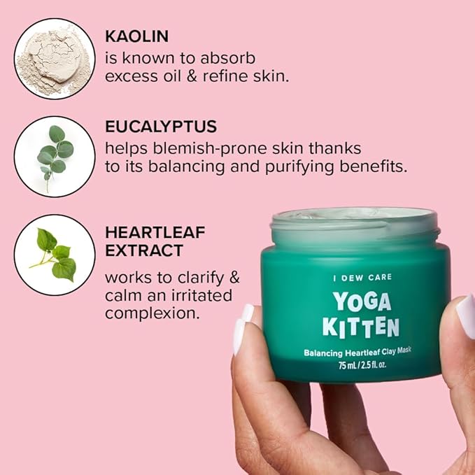 I DEW CARE Heartleaf Clay Mask - Yoga Kitten | Wash-off, For Blemish-prone with Kaolin, Heartleaf, Tea Tree Extract, Home Spa, Korean Skincare, Glass Skin Look, Soothing, Christmas Gifts, 2.5 FL Oz