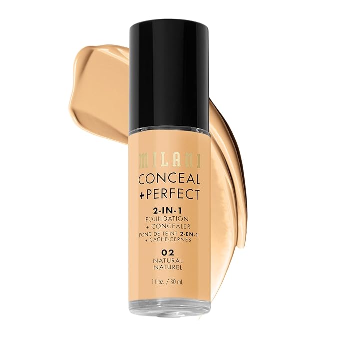Milani Conceal + Perfect 2-in-1 Foundation + Concealer for a Flawless Complexion, Under Eye Corrector, Cover Redness and Imperfections, Waterproof and Sweatproof - 02-Natural