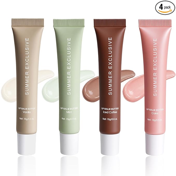 4 Pcs Lip Butter Balm, Long-Lasting Hydrating Non-Sticky Lip Care, Soothes Dry Chapped Lips, Nourishing with Shea Butter & Olive Oil, 0.5 Fl Oz