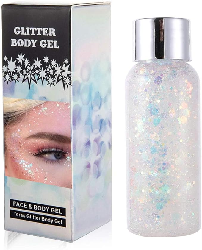 Mermaid Sequins Chunky Glitter Liquid Eyeshadow Glitter Body Gel Festival Glitter Cosmetic Face Hair Nails Makeup Long Lasting Sparkling 30g (#09 White)