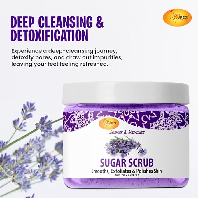 SPA REDI Sugar Scrub - Lavender and Wildflower - 16 Oz - Exfoliating, Moisturizing, Hydrating and Nourishing, Glow, Polish, Smooth and Fresh Skin - Body Exfoliator