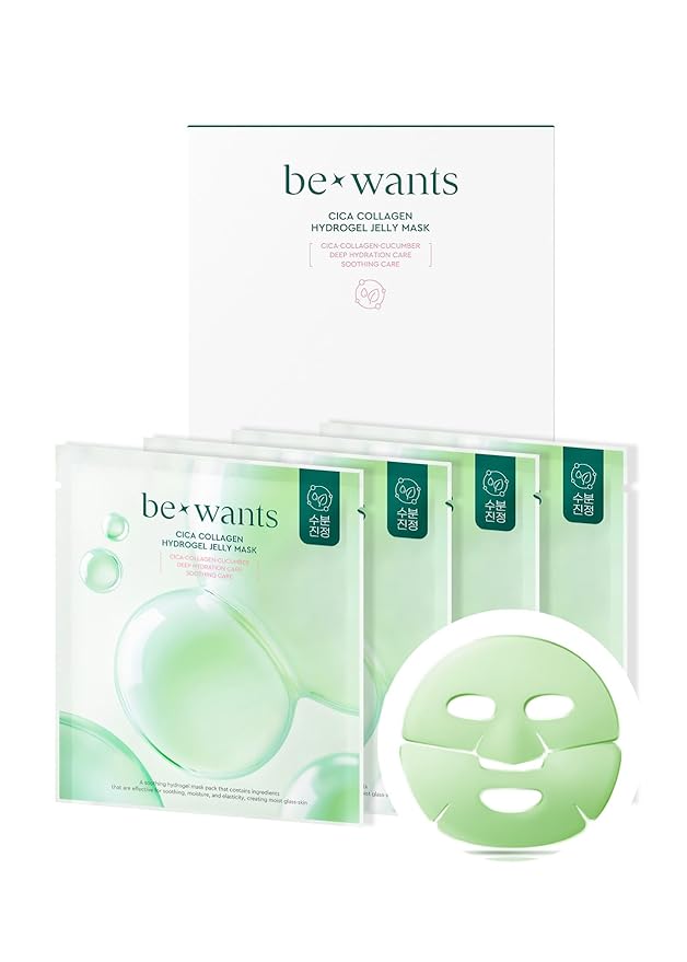 bewants Cica Collagen Hydrogel Jelly Mask with Centella Asiatica, Aloe Vera, Cucumber Extract – Moisturizing Face Sheet for Soothing, Firming, and Radiance (4 Packs)