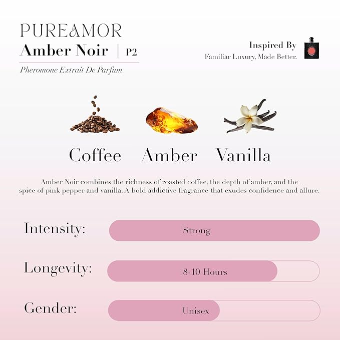 PUREAMOR Pheromone Perfume for Women, Amber Noir Extrait de Parfum - Long Lasting Vanilla Amber Scent, 30% High Concentration, Full Size Fragrance Spray, 1.0 oz / 30 ml