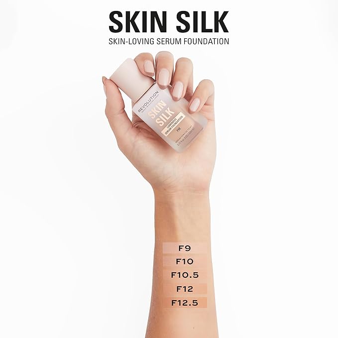 Revolution Skin Silk Radiant Satin Serum Foundation, Buildable Coverage with Hydrating Hyaluronic Acid for a Natural Finish, Vegan & Cruelty-Free, F12.5C Tan Skin Tones, 0.77 fl oz