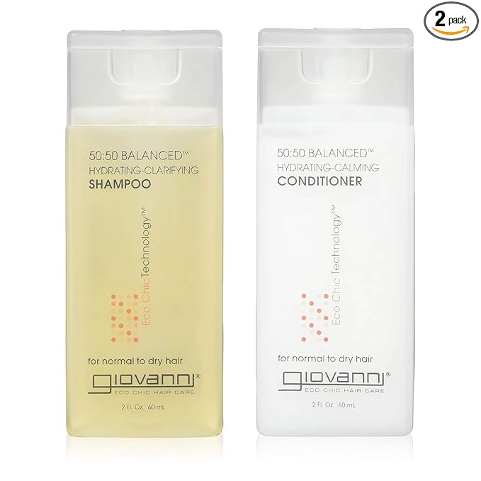 GIOVANNI Eco Chic 50:50 Travel Size Hydrating Shampoo & Conditioner Set - Leaves Hair pH Balanced for Over-Processed Hair, Moisturizes & Protects, Salon Quality, No Parabens, Color Safe- 2 oz (2 Pack)