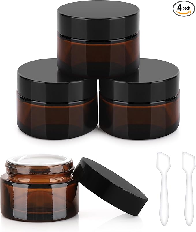 Accmor 1 OZ Glass Jars with Lids, 4 Pack Amber Makeup Sample Container with Inner Liners & Spatulas, Leak Proof Round Travel Cosmetic Storage for DIY Making Lotions, Creams, Body Scrub, Bath Salts