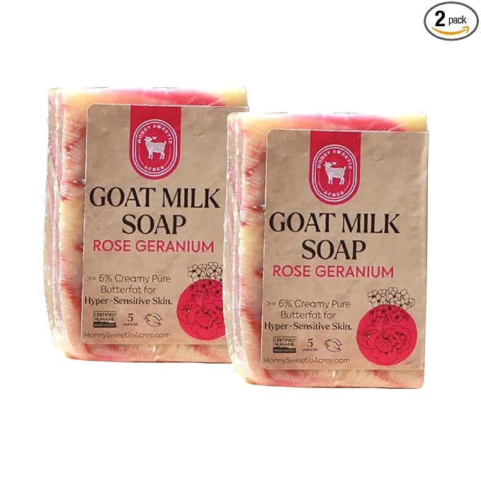 Honey Sweetie Acres 2-Pack Rose Geranium Goat Milk Soap - Handmade 5 oz Bar, Made with Natural Ingredients, Moisturizing & Gentle, Made in the USA