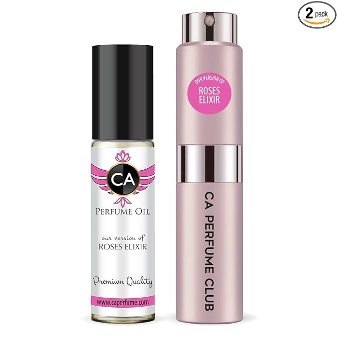 CA Perfume Duo Impression of Roses Elixir For Women Perfume Layering Set Long Lasting Travel Size EDP + Body Oil Roll-On Bottle 0.27 Fl Oz+0.33 Fl Oz