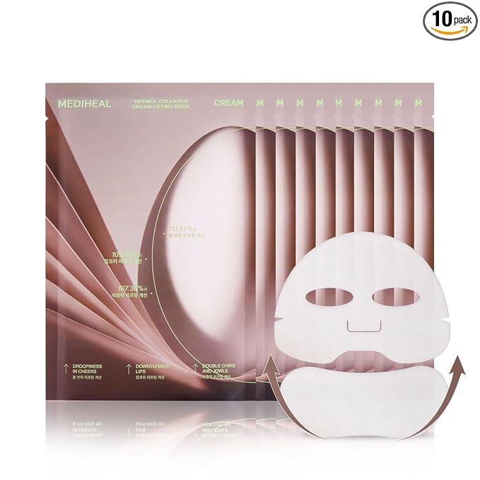 Mediheal Retinol Collagen Cream Lifting Mask (10 Counts) for V Line Mask, Anti-Aging - Helps Reduce Fine Lines & Wrinkles, and Smoothens Skin