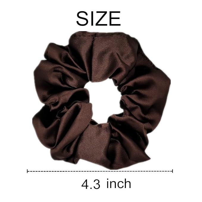 6 Pcs Satin Silk Scrunchies and Hair Ties - Soft Hair Bands, Bows, Ropes, Ponytail Holders for Women and Girls (4.3 inch, Dark Brown)