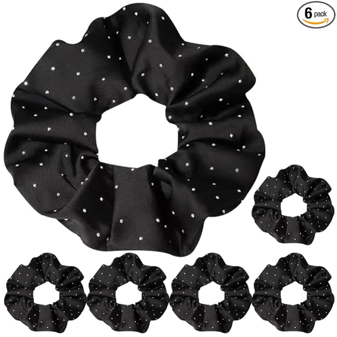 Minkissy Silk Hair Ties - 6pcs Elastic Hair Ties Rhinestone Scrunchies Rhinestone Ponytail Holders for Women Girls - Black