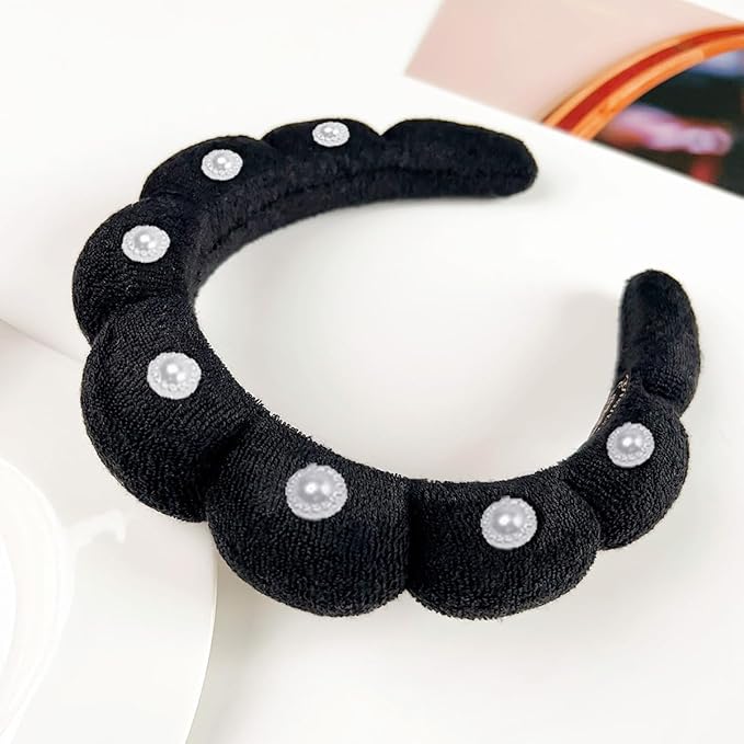 Spa Headbands Puffy Makeup Skincare Headbands for Washing Face or Facial, Terry Cloth Fabric Hairbands for Makeup Removal Shower Skin Treatment(Black, Pearl)