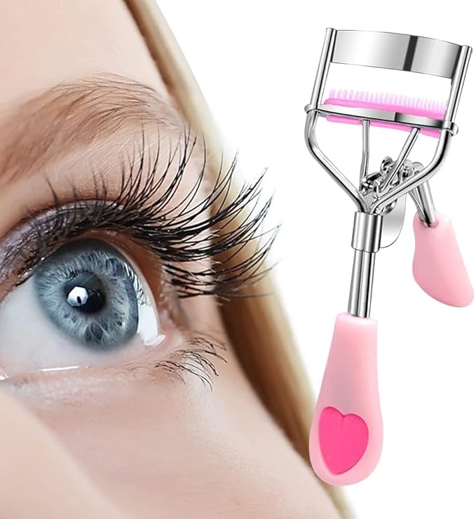 MERVK Stainless Steel Eyelash Curler with Built-in Comb Pinch Pain-Free Suitable for Any Eye Shapes and Sizes, with 5 Silicone Refill Pads (Light Pink)