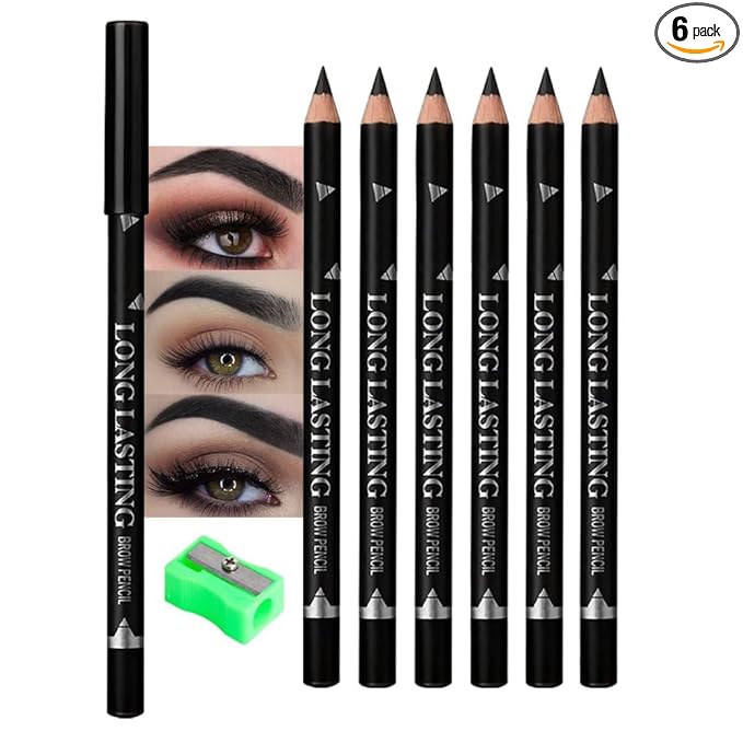 WanTuoluo Black Eyebrow Pencils for Women with Sharpener, 6Pcs Hard-Core Wooden Eye Brow Eye Liner Pencils for Beginner Makeup, Waterproof & Sweat-Proof