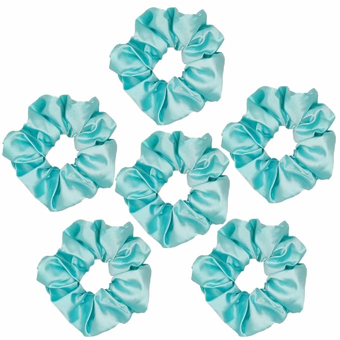 6 Pcs Satin Silk Hair Scrunchies and Ponytail Holders - Soft Hair Ties, Fashion Bands, Bows, Ropes, Elastics - Hair Accessories for Women and Girls (4.3 inch, Blue Green)