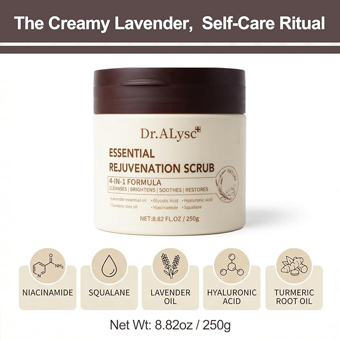 Essence Revitalizing Scrub with Turmeric Glycolic Acid Niacinamide Treatment for Sensitive Skin Gentle, Creamy Lavender Scrub, Cleanses, Soothes, Repair Face & Body 4-in-1, 8.8oz
