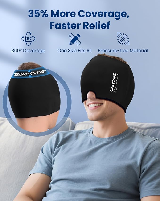 ONLYCARE Migraine Relief Cap, Upgraded Headache Relief Cap with Odorless Reusable Gel Head Wrap, Soothing Face Ice Pack Mask Products with Hot & Cold Therapy for Tension, Stress, Hangover & Puffy Eyes