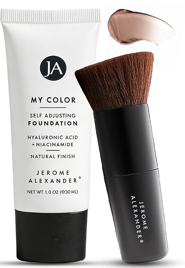 Jerome Alexander My Color Self-Adjusting Foundation, Hydrating & Lightweight Face Makeup, Skincare-Infused, with Kabuki Brush, Medium Dark, 1 oz