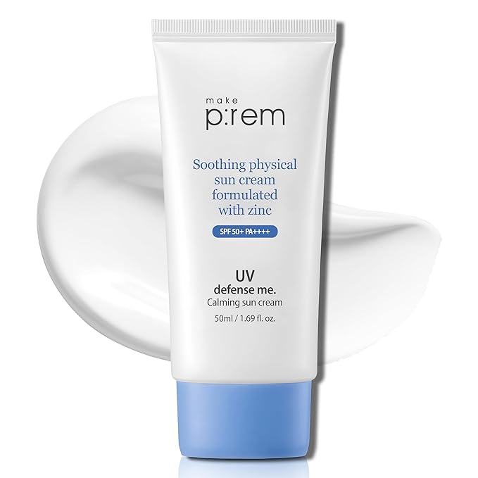 MAKEPREM UVA UVB Defense Me Calming Sun Cream VEGAN Sunblock SPF 50+ PA++++ 1.69 Fl Oz Reef-Safe Non-Nano Mineral Sunscreen Broad UV Protection Blue Ray Dry Sensitive Acne-Prone Oily Skin No Chemical