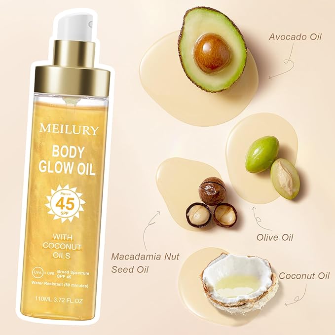 Body Glow Oil, SPF 45 Broad Spectrum, Sunscreen Body Oil with Rose Gold Mica, Moisturizing Coconut, Glow Moisturizer, Lightweight, Water Resistant, 3.72 fl oz(#1 GOLD)
