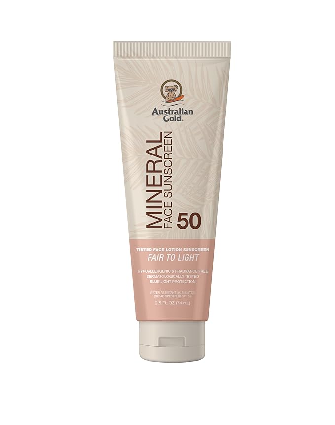 Australian Gold SPF 50 Tinted Mineral Face Sunscreen, Fair to Light, 2.5 fl oz, Broad Spectrum, Non-Greasy BB Cream with Blue Light & Sun Protection, 4% Zinc Oxide & Titanium Dioxide, Hypoallergenic