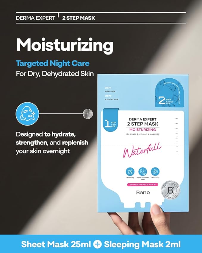 Bano Derma Expert 2 Step Moisturizing Face Mask – 2 in 1 Hydrating Sheet & Sleeping Mask with Hyaluronic Acid, Ceramide & Niacinamide | Supports Skin Barrier & Glow | Korean Skincare | 7 Sheets