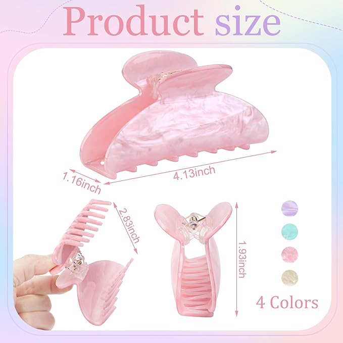 4.2 Inch Large Acrylic Claw Clips, Cute Green Beige Pink Purple Hair Claw Strong Hold Hair Clips Barrettes for Thick Thin Hair, 4 Pack Stylish French Hair Accessories for Women Girls