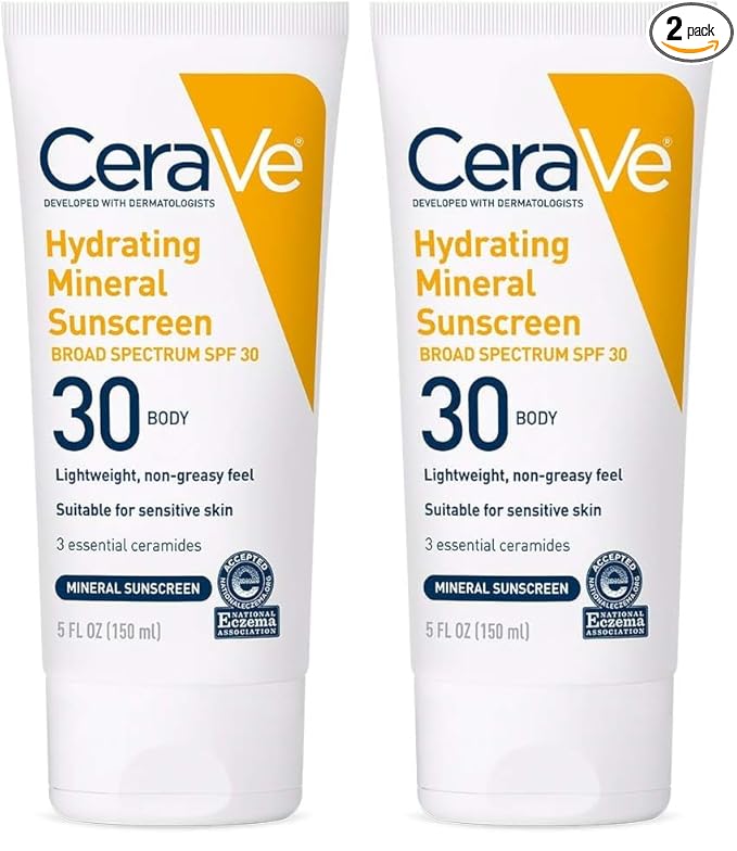 CeraVe 100% Mineral Sunscreen SPF 30 with Zinc Oxide & Titanium Dioxide,Hyaluronic Acid & Ceramides,Oil Free,Non-Greasy,Hydrating Mineral Sunscreen For Body,5 oz,(Pack of 2)