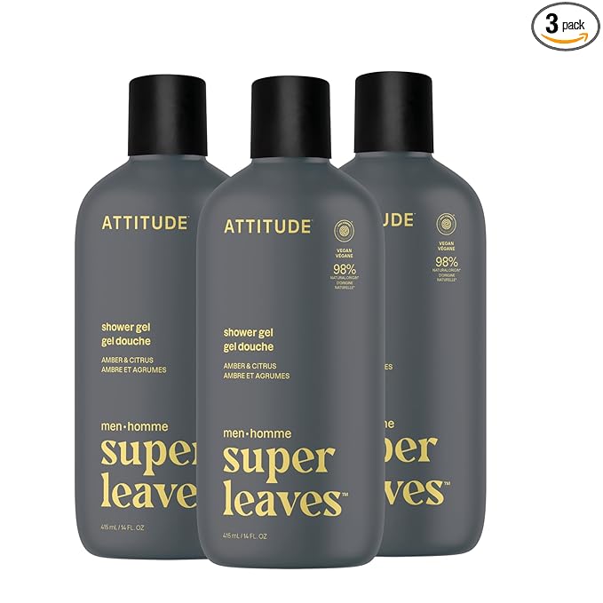 ATTITUDE Shower Gel Body Wash for Men, 98% Natural Origin Ingredients, Paraben & Phthalate Free, EWG Verified, Cleanses Without Drying, Amber & Citrus, 14 Fl Oz (Pack of 3)