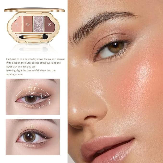 4 Colors Neutral Nude Eyeshadow Palette, Matte & Shimmer + Glitter Shades, Peach Bronze Cocoa Warm Tones, Blendable Long-Lasting Eye Shadow for Mature Women, Blue & Green Eyes, Natural Daily Makeup