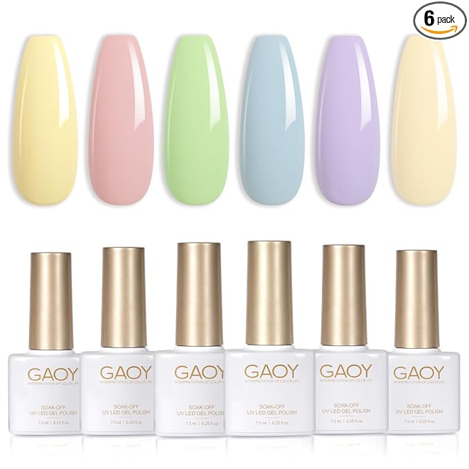 GAOY Pastel Pink Blue Gel Nail Polish Set, 6 Colors Green Yellow Nude Spring Soak Off UV Light Cure Gel Polish Kit for Salon and Nail Art DIY at Home