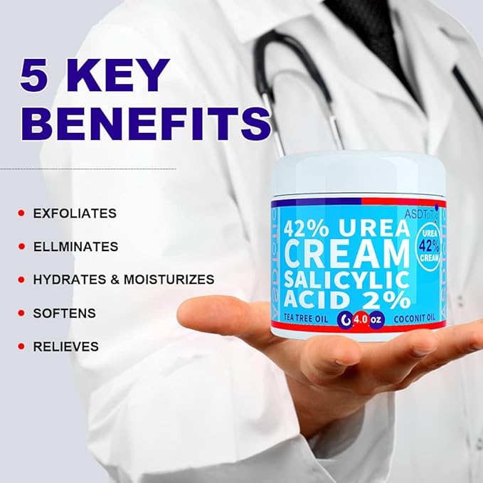 ASDToTio Urea Cream 42% - Premium Urea Foot Cream - With 2% Salicylic Acid, Tea Tree Oil, Shea Butter, Aloe Vera - For Feet, Hands, Heels, Elbows, Knees and More - 8 oz