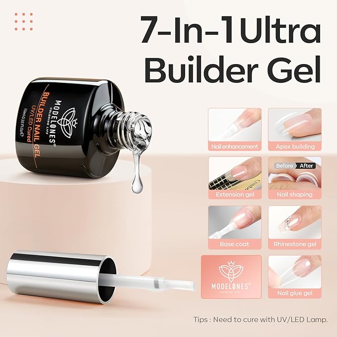 modelones Base Coat Builder Nail Gel Polish, 2 Pcs Clear Builder Nail Polish, 8-in-One Rubber Color Hard Gel for Apex Building Thickening Extension DIY Home Salon Gifts LED Lamp Cured 10ml