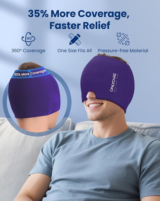 ONLYCARE Migraine Relief Cap, Soothing Headache Hat, Upgraded Odorless Gel Ice Head Wrap, Hot and Cold Therapy, Headache Ice Pack for Tension and Stress(Purple)