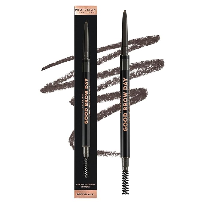 Profusion Cosmetics Dual-Ended Ultra-Fine Eyebrow Pencil -Good Brow Day Long-Wearing Brow Definer with Spoolie Brush for Blonde, Brown & Black Hair, Instant Brow Fixing Beauty Tool, Soft Black
