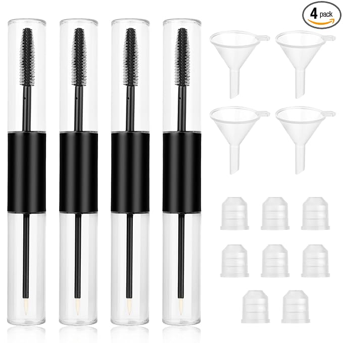 4 Pack Empty Mascara Tube and Wand Dual 2-in-1 Mascara Wand and Eyeliner Tube Refillable Mascara Tube with Funnel for castor oil Eyebrow Growth Serum