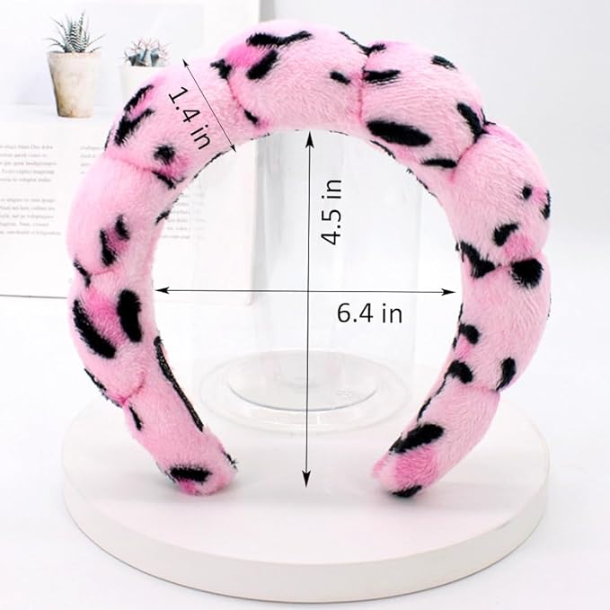AOENJIE Spa Headbands for Washing Face or Makeup, Sponge Bubble Skincare Headbands, Puffy Terry Cloth Hairband for Women, Skin Care Makeup Headwear Hair Accessories for Girls (Leopard Pink)