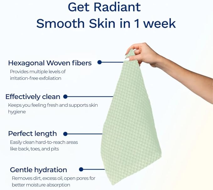 Sima Brand Exfoliating Washcloth Face & Body Scrub Towel - Japanese Exfoliating Towel with Hexagon Fibers, Body Scrubber with 2 Sides for Scrubbing & Washing, Extra Long Towels (White, 3 Pack)