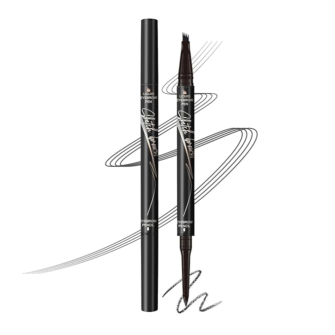 Music Flower Dual-Ended Microfilling Eyebrow Pen, Liquid Eyebrow Pen with 4 Micro Brush-Tip Applicators & Brow Defining Pencil with Precision Tip (Black)