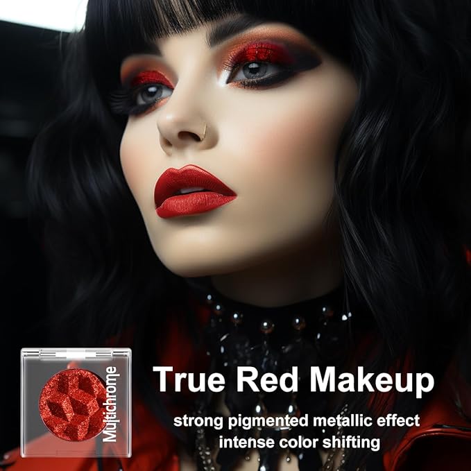 DE’LANCI Chameleon Red Glitter Eyeshadow Highly Pigmented, Single Metallic Glitter Eye Shadow Palette Intense Color Shifting, Chrome True Red Shimmery Glitter Eyes Warm Goth Smoky Makeup