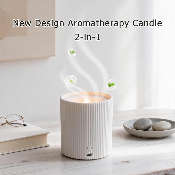 2 in 1 Waterless Essential Oil Diffuser and 3D Wick and Realistic Flame Candle,Flameless Candle Diffuser,USB Power Supply LED Candle Waterless Diffuser 12PCS Cotton Pads(No Rechargeable Battery)﻿