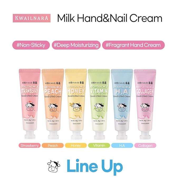 KWAILNARA Milk Hand & Nail Cream Gift Set (Set of 6) – Korean Hand Cream Variety Pack | Strawberry, Peach, Honey, Vitamin, Hyaluronic & Collagen | Deeply Nourishing K-Beauty Gift