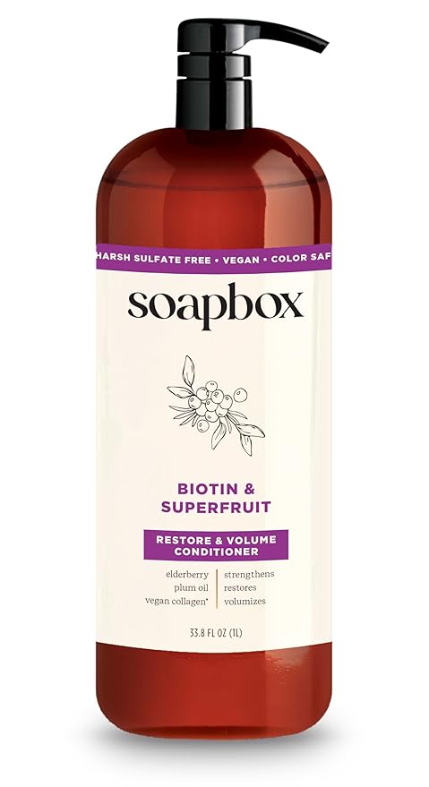 Soapbox Biotin & Super Fruit Conditioner, Leaves Hair Volumized & Strong - Clean Ingredients Free of Harsh Chemicals, Sulfates, Parabens & Silicones - Volumizing Conditioner for Hair, 33.8oz Liter