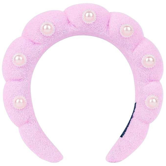 Spa Headbands Puffy Makeup Skincare Headbands for Washing Face or Facial, Terry Cloth Fabric Hairbands for Makeup Removal Shower Skin Treatment(Pink, Pearl)