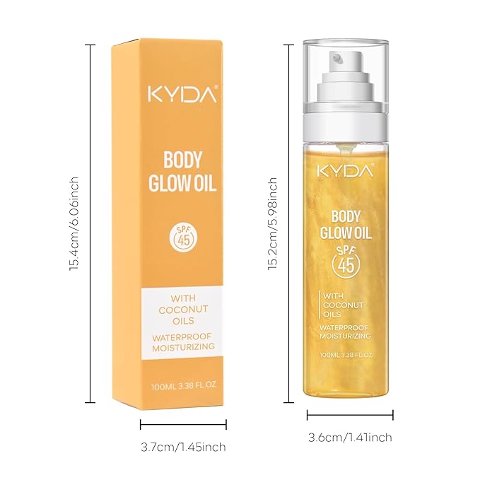 KYDA Travel Size Sunscreen, SPF 45 Body Glow Oil with Sequin Mica, Lightweight Moisturizing Coconuts Sunscreen SPF Glow Oil, Sun-kissed Shimmer Body Lotion, Water Resistant, 3.38 fl oz, GOLD