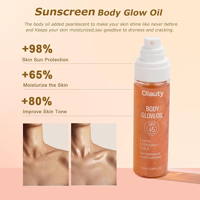 Body Glow Oil,Broad Spectrum SPF 45,Glitter Shimmer Mineral Sunscreen Body Oil with Sequin Mica,Moisturizing Coconut Oils,Waterproof Non Sticky Sun-kissed Skin Illuminator Travel Essentials (#02 Rose)