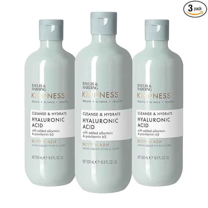 Baylis & Harding Kindness + Hyaluronic Acid, Pear & Orange Blossom Fragrance, 16.9 fl. oz Cleanse & Hydrate Body Wash (Pack of 3) - Biodegradable Formula - Vegan Friendly