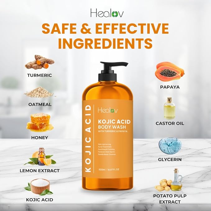 Healov Kojic Acid Soap for Hyperpigmentation – Skin Brightening Kojic Papaya Body Wash – Dark Spot Soap Reduces Acne, Scars, and Evens Tone – Turmeric Body Wash for Brighter Glowing Tone