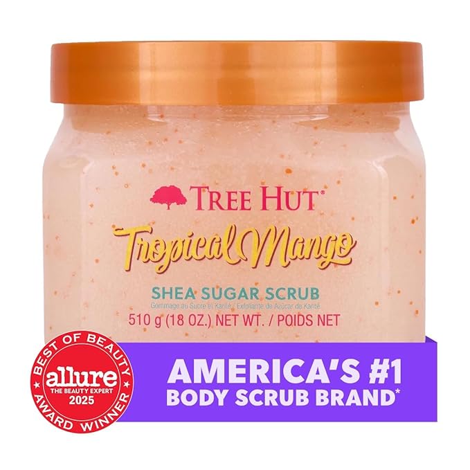 Tree Hut Tropical Mango Body Scrub, Exfoliating & Hydrating Sugar Scrub with Shea Butter & Essential Oils, Smooth Skin, Body Exfoliator For All Skin Types, Self Care Gifts for Women, Vegan, 18 Oz